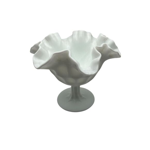 Fenton Olde Virginia Milk Glass Thumbprint Ruffled Compote - Picture 8 of 8